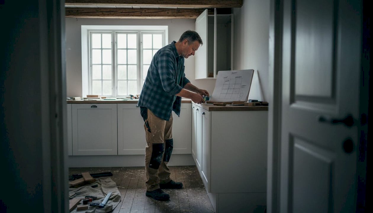 En snickare fixar till skåpen i ett gammalt kök.