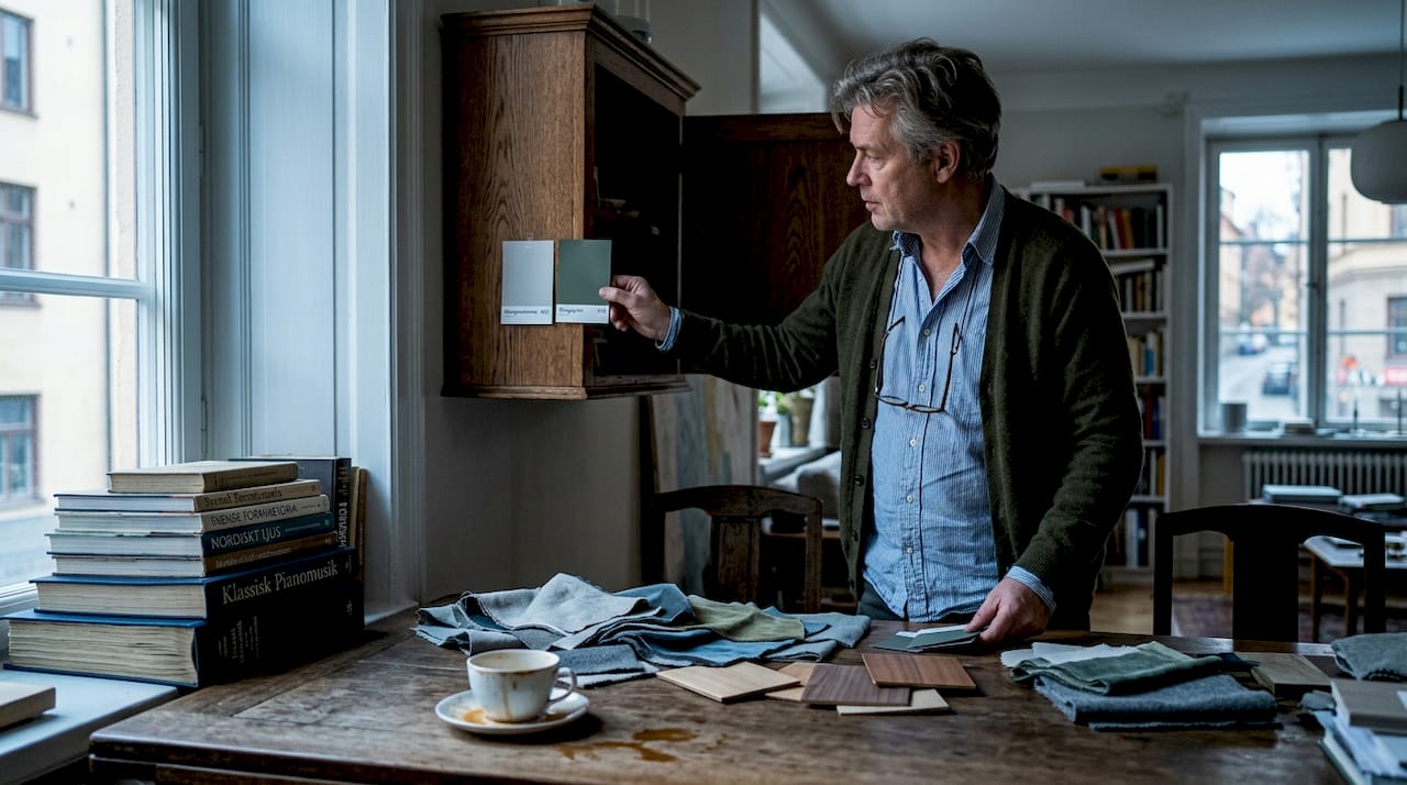 Man tittar på olika färgprov för att välja rätt material.