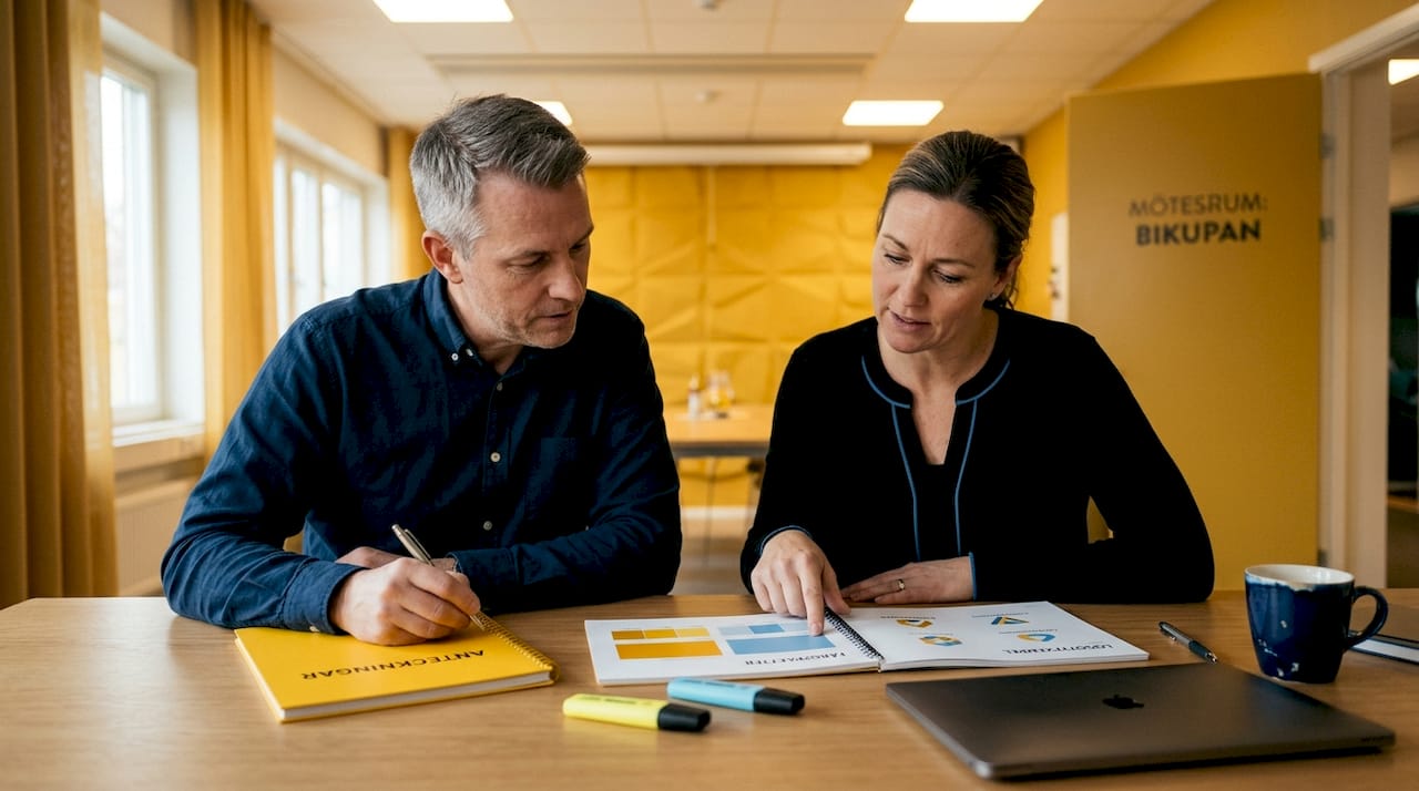 Kollegor går igenom grafiska manualen tillsammans runt mötesbordet.