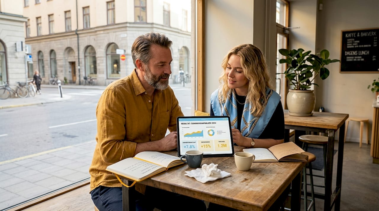 Ett marknadsföringsteam som diskuterar resultat och idéer över en kopp kaffe på ett café.