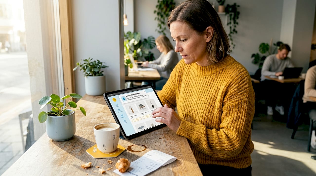 En kvinna sitter på ett café och använder en webbtjänst på sin mobil.