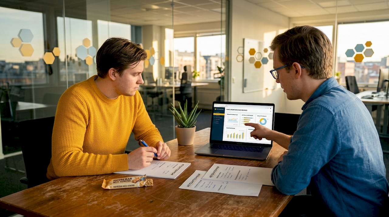 Ett litet team går tillsammans igenom webbstatistiken på sin laptop.