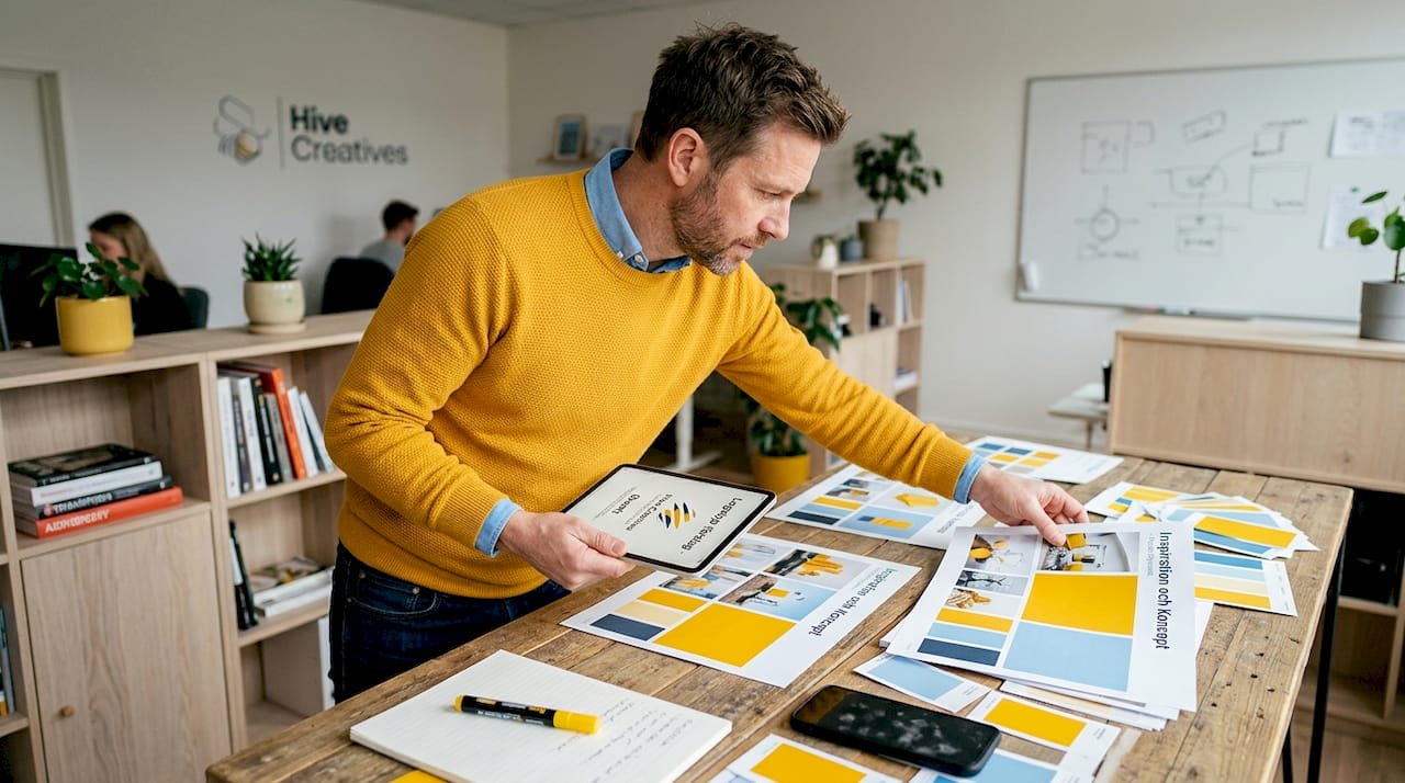 Personen arbetar med varumärkesbyggande och visuella identiteter.
