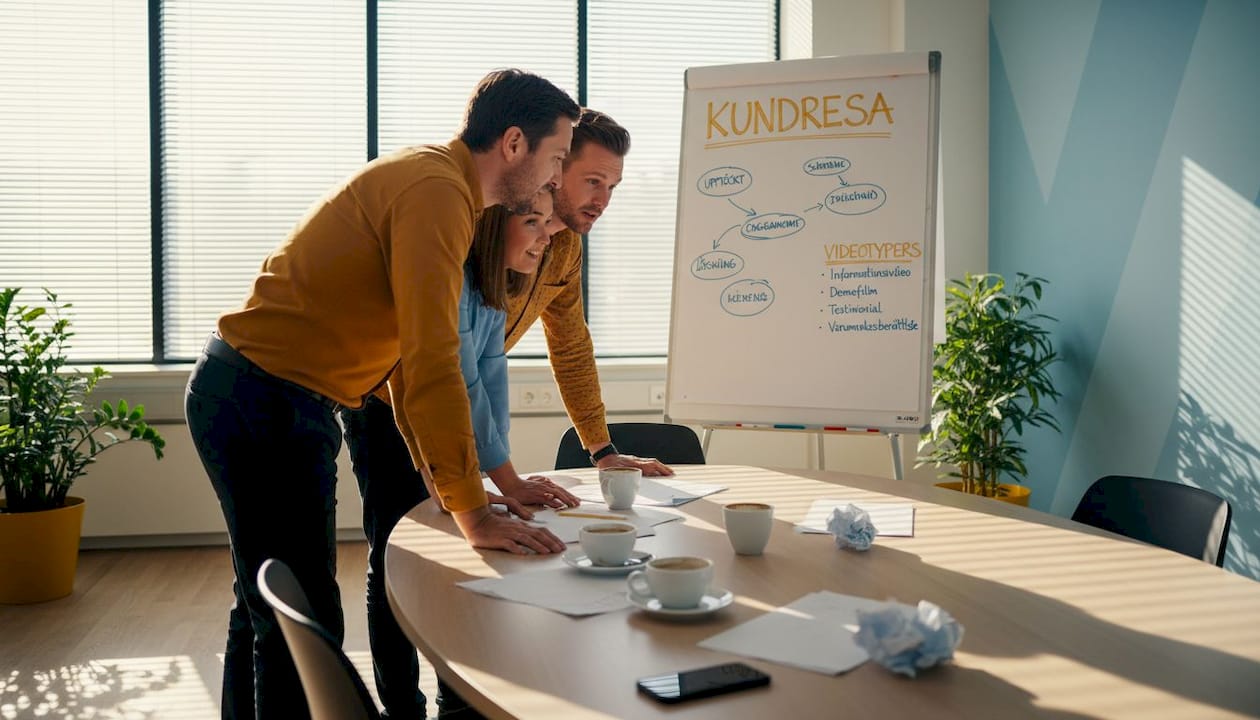 Ett team samlas kring konferensbordet för att lägga upp en strategi för företagets videoinnehåll.