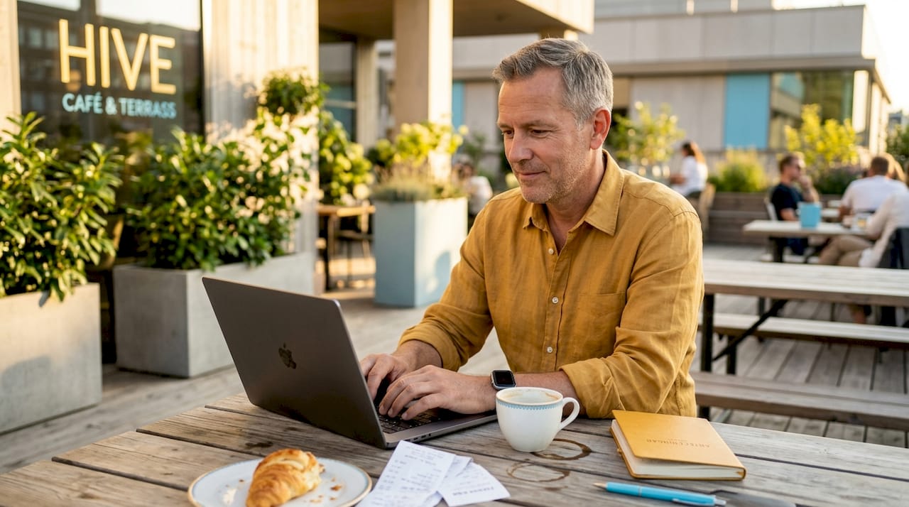Sitter på ett café och delar något online