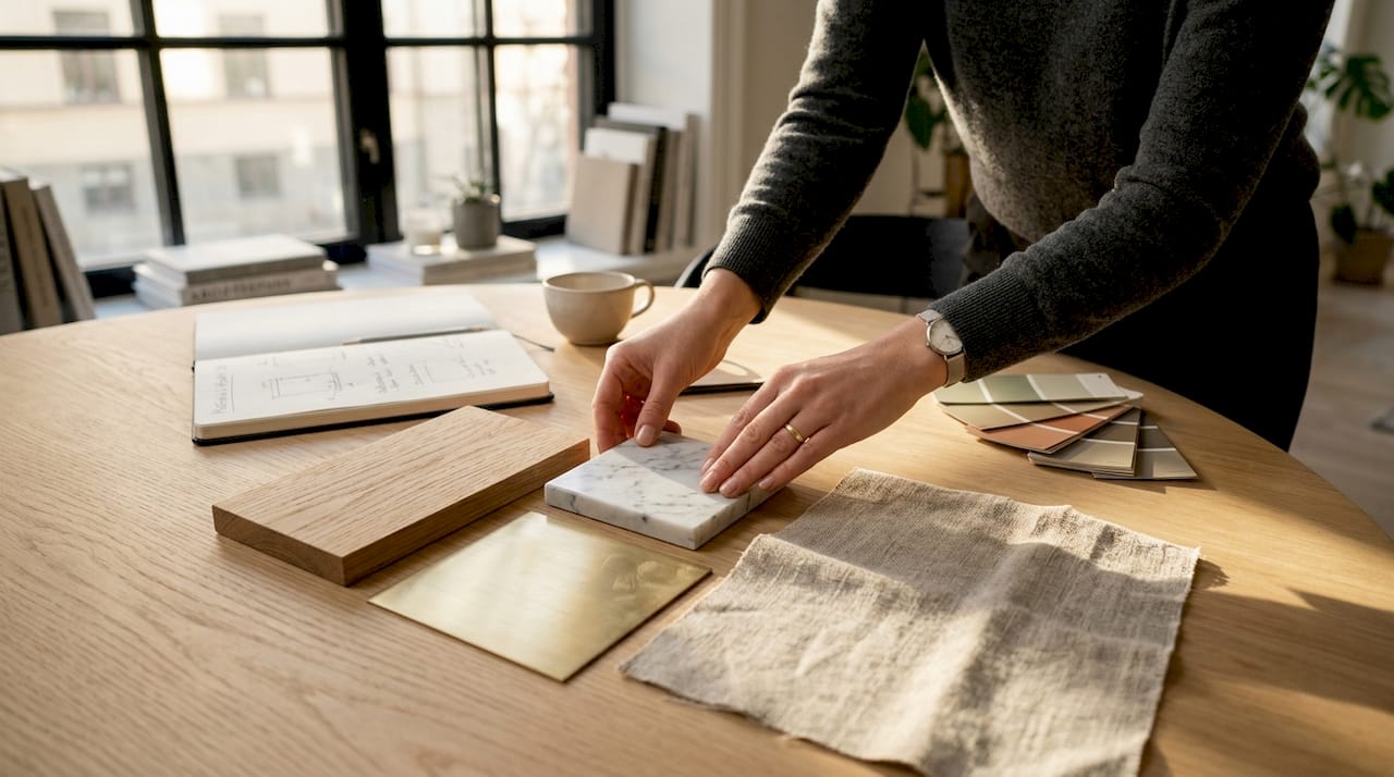 Designern lägger noggrant ut exklusiva materialprover på bordet.