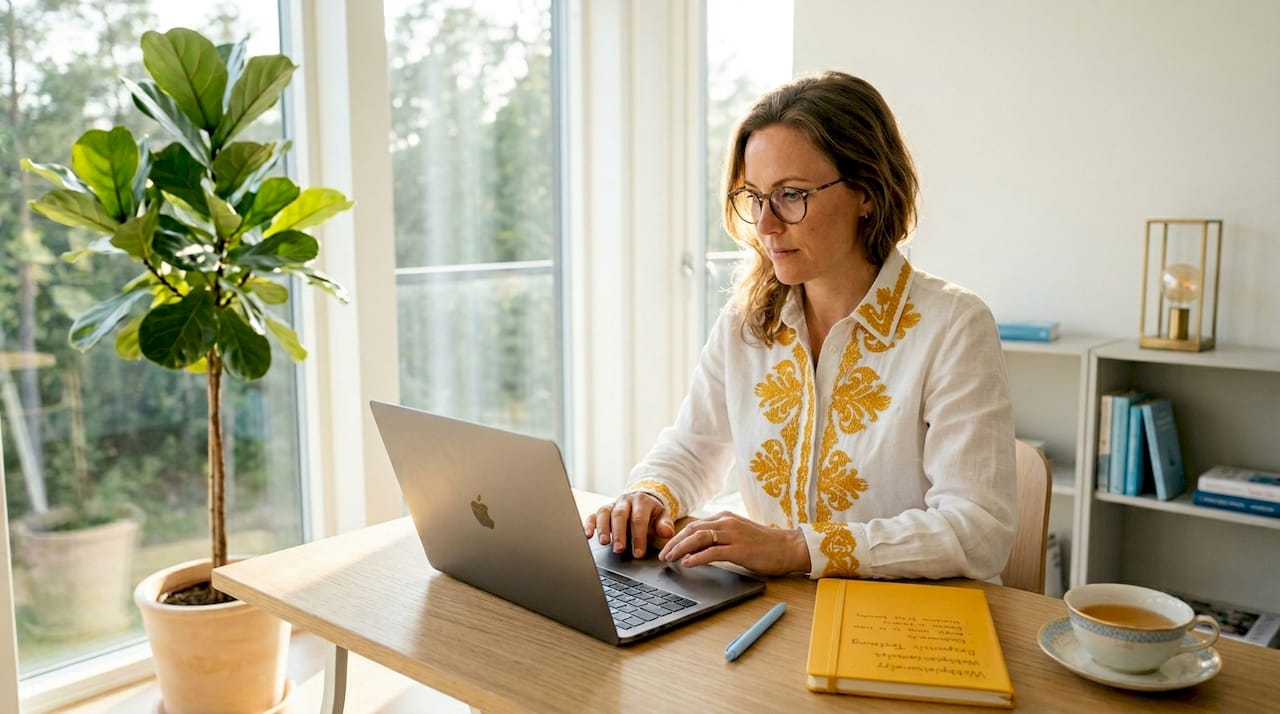 En småföretagare går igenom sin hemsida på laptopen