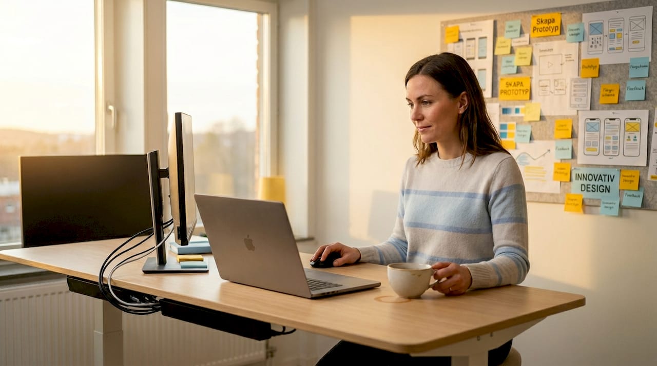 En UX-designer går igenom startsidan vid sitt skrivbord
