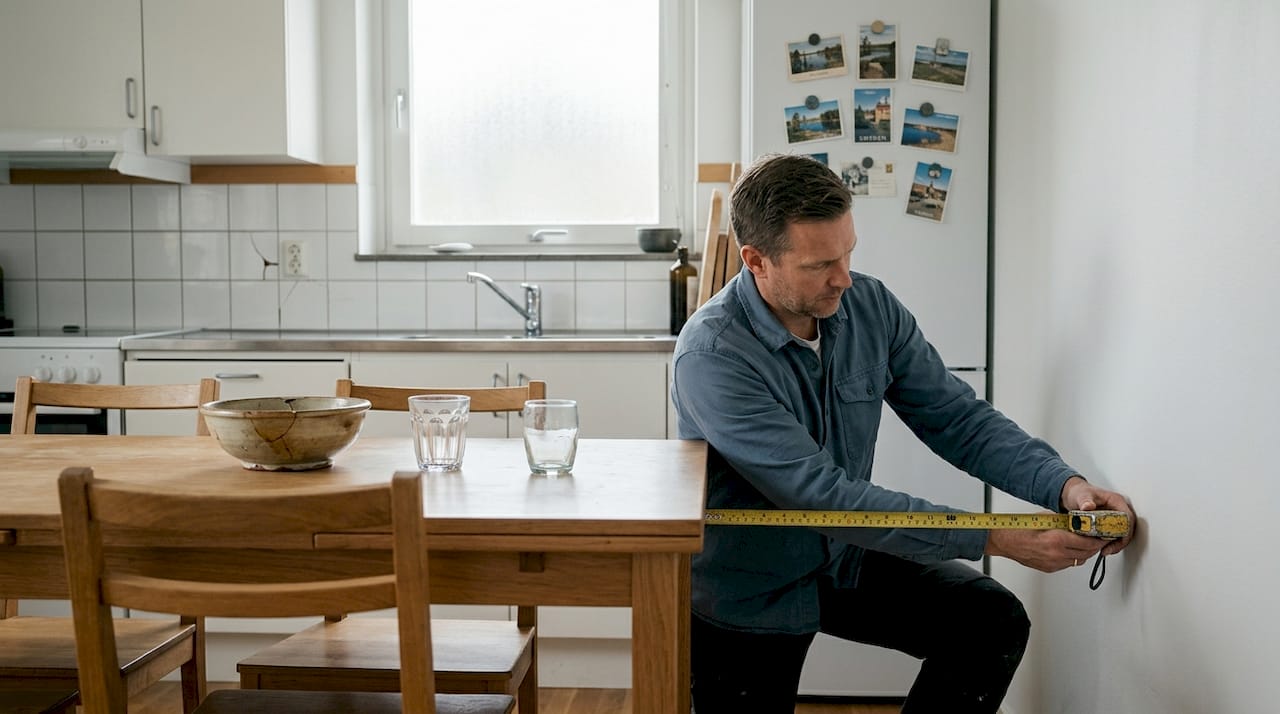 En man står i sitt kök och mäter möbler för att se hur de passar in.