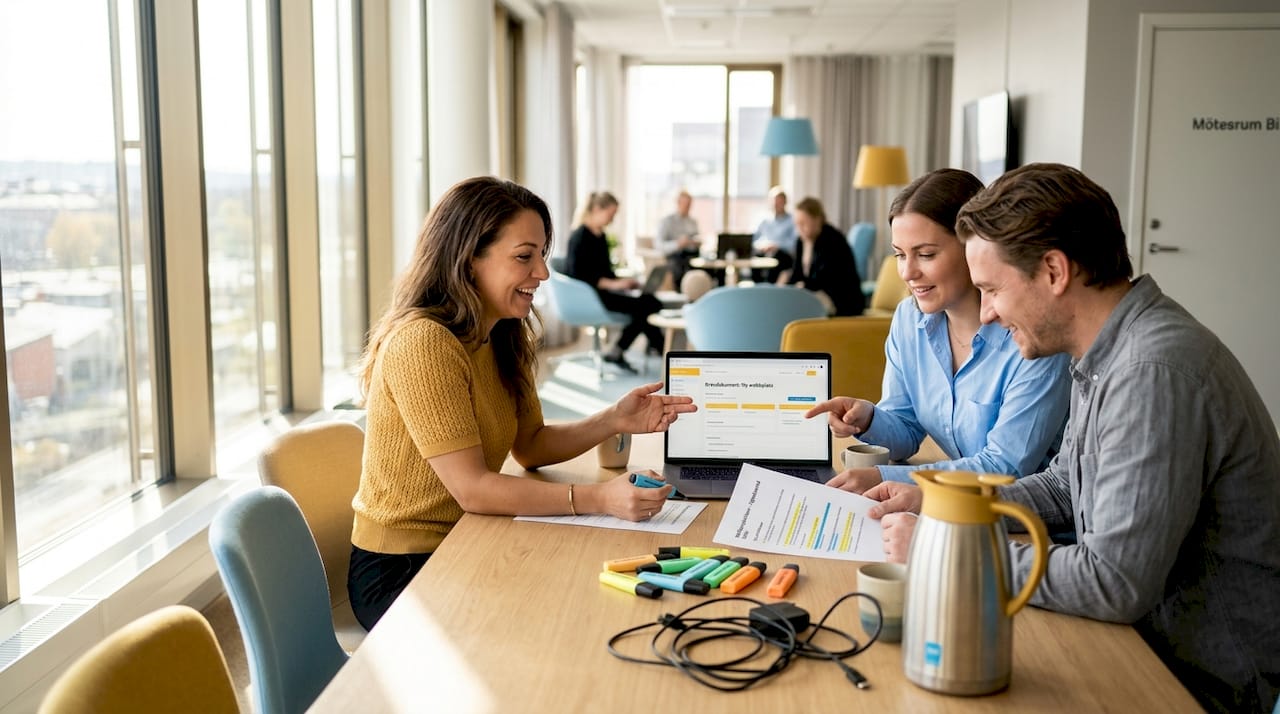 Teamet går igenom webbprojektets krav tillsammans under ett möte.