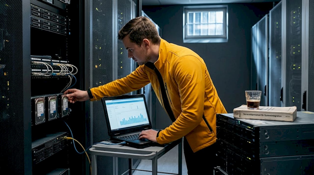 En IT-tekniker genomför prestandatester på servrar inne i serverhallen.