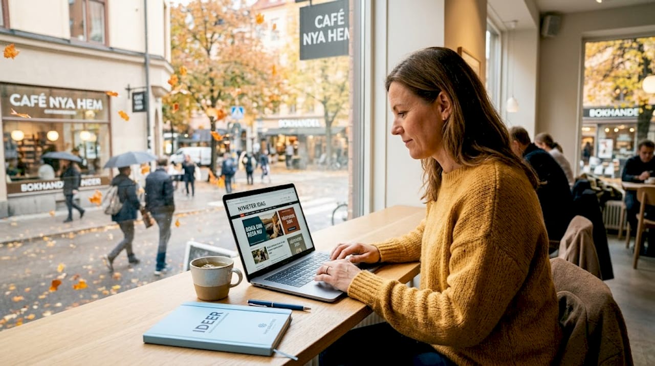En kvinna sitter hemma vid datorn och kollar igenom olika annonser.