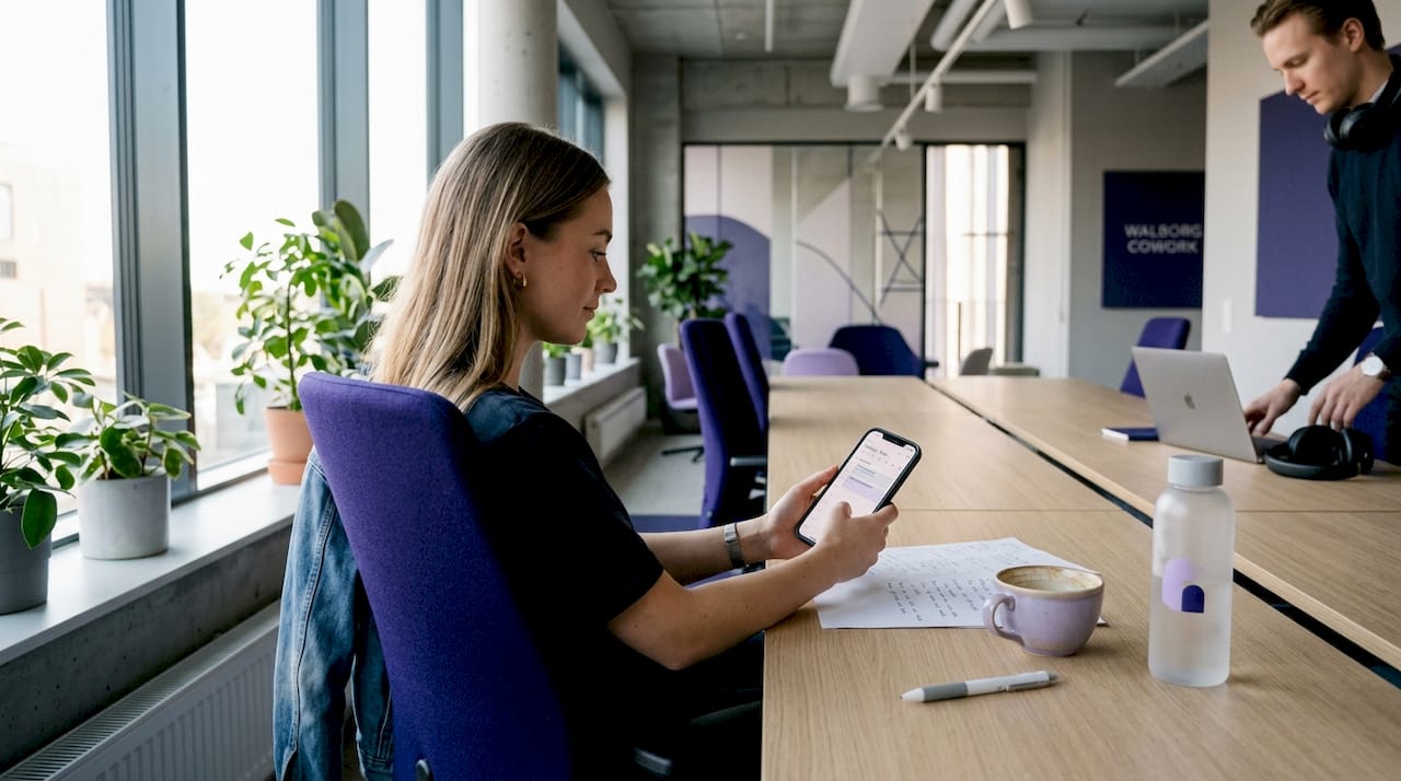 En person spanar in stämningen i coworking-lokalen en vardagsmorgon.