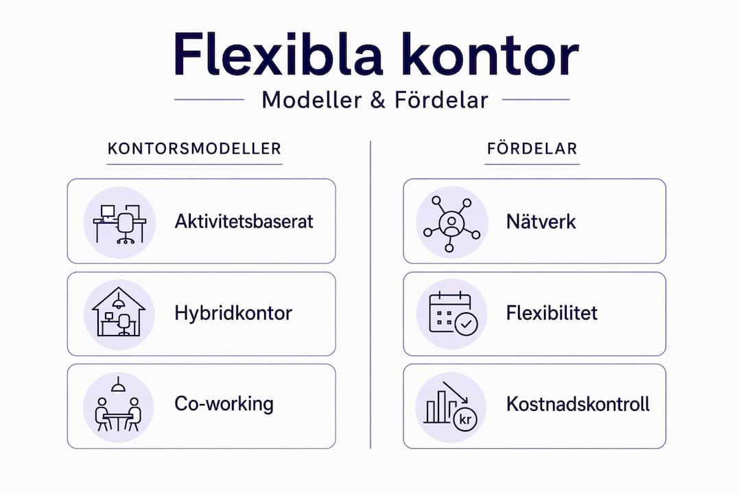 Översiktlig infografik som visar skillnader och fördelar med olika flexibla kontorslösningar