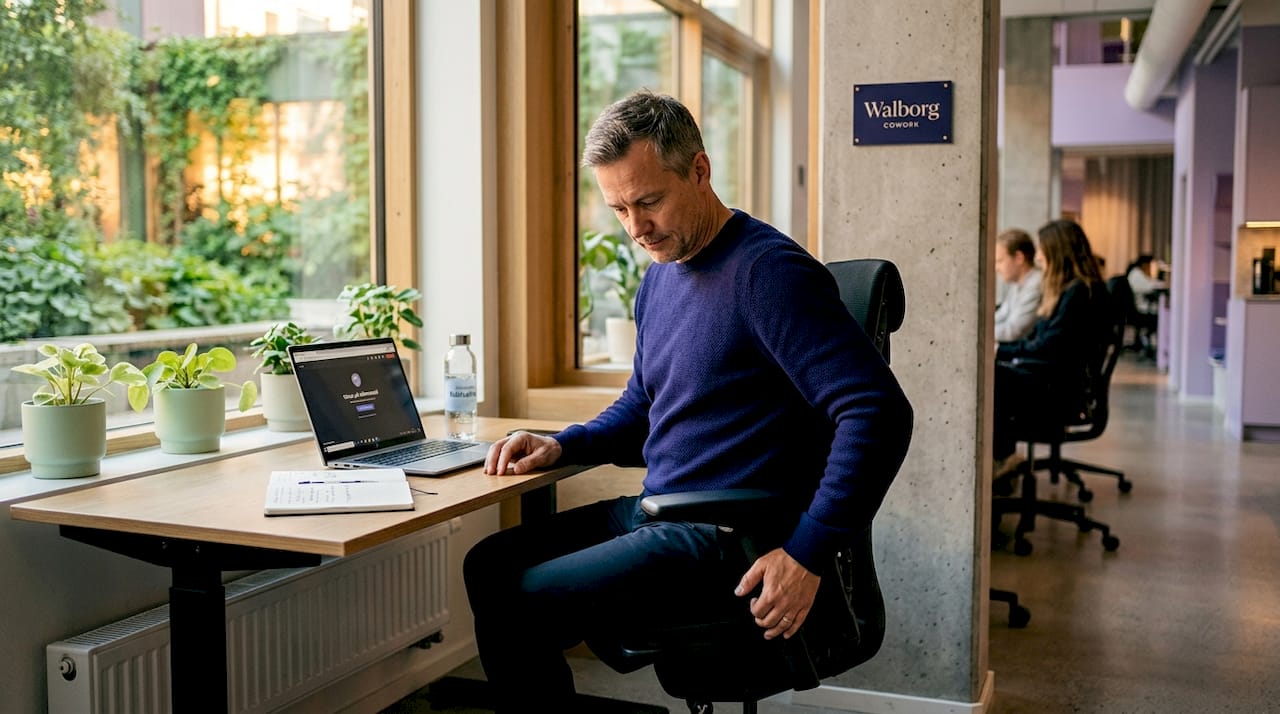 En ergonomisk kontorsstol ställs in för bästa komfort i ett modernt coworking-utrymme.