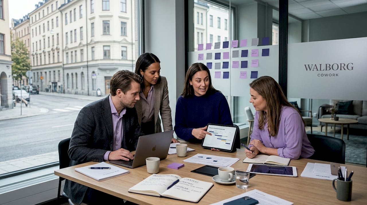 Ett team som samarbetar i ett mötesrum på ett coworkingkontor