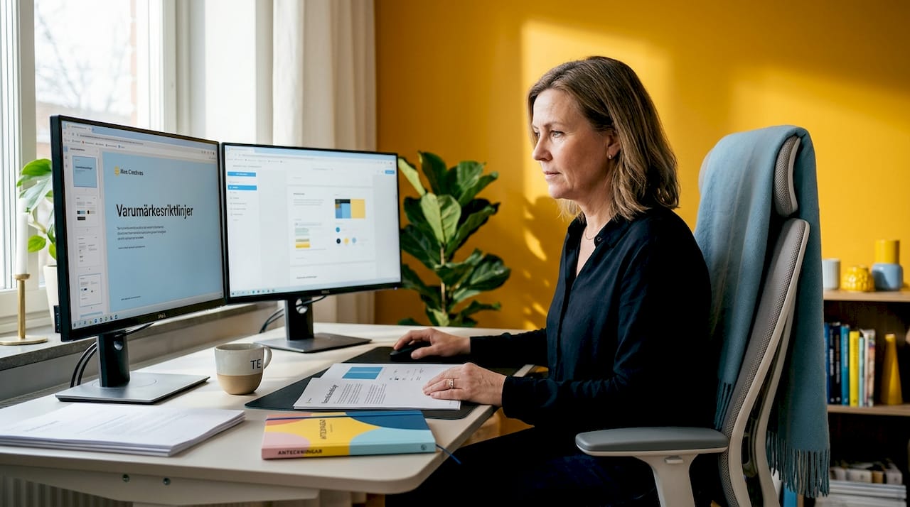 En kvinna går igenom riktlinjerna för företagets B2B-varumärke på sitt hemmakontor.