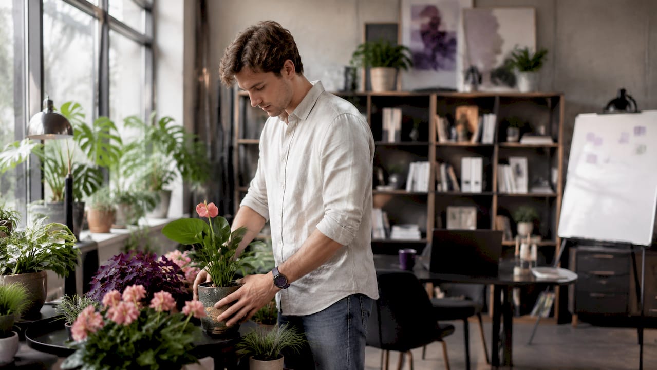 En man som gör i ordning blommor och växter på sitt kontor