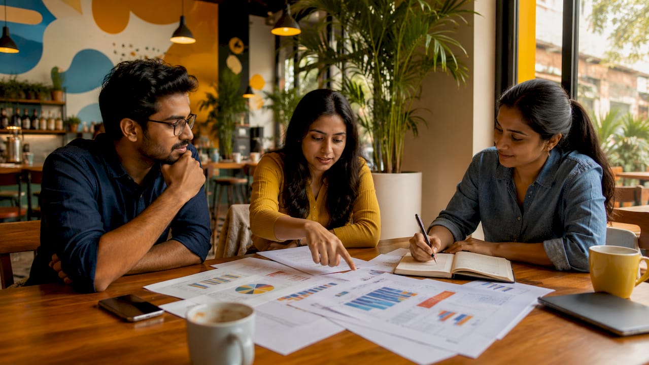 Ett team samlas i mötesrummet för att gemensamt diskutera och sätta upp mål för digital marknadsföring.