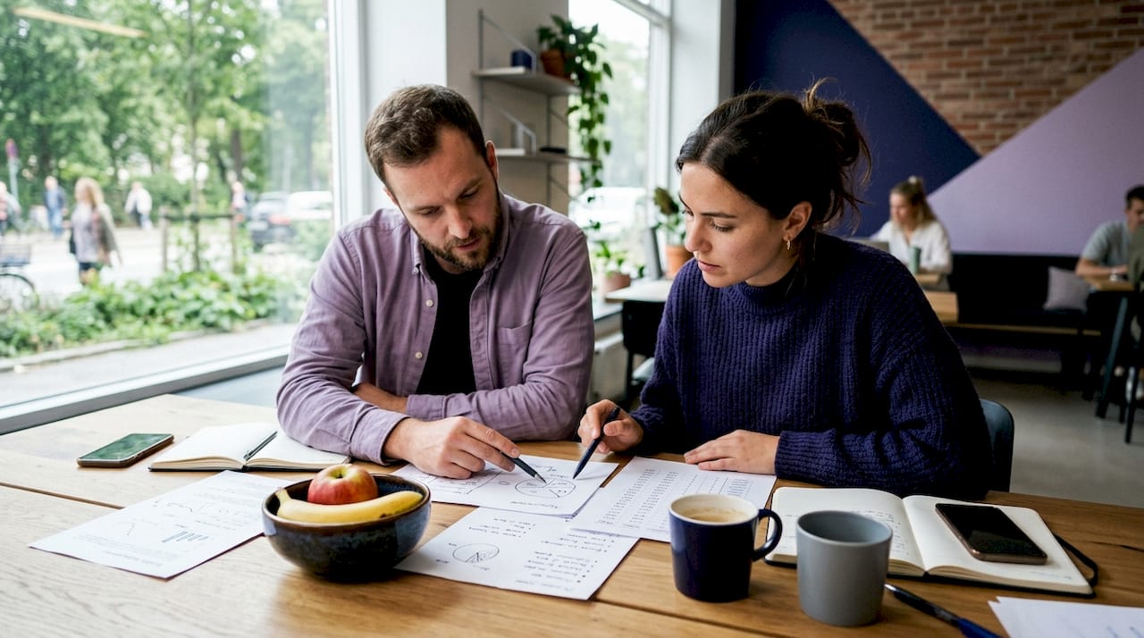 Två företagare bollar affärsidéer tillsammans på ett coworkingkontor.