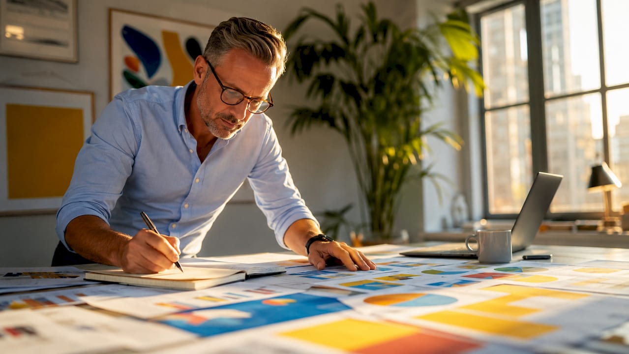 En marknadsföringsspecialist går igenom rapporter vid sitt skrivbord.