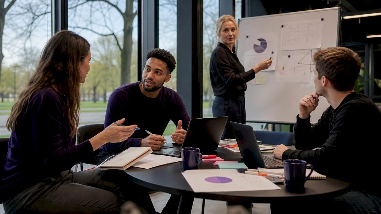 Grundare till startups och en mentor samarbetar under en workshop på inkubatorn.