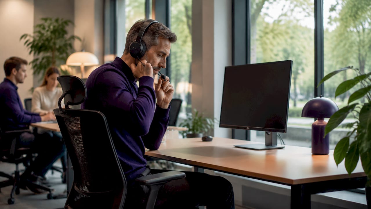 En entreprenör fixar till sin stol på ett coworkingkontor.