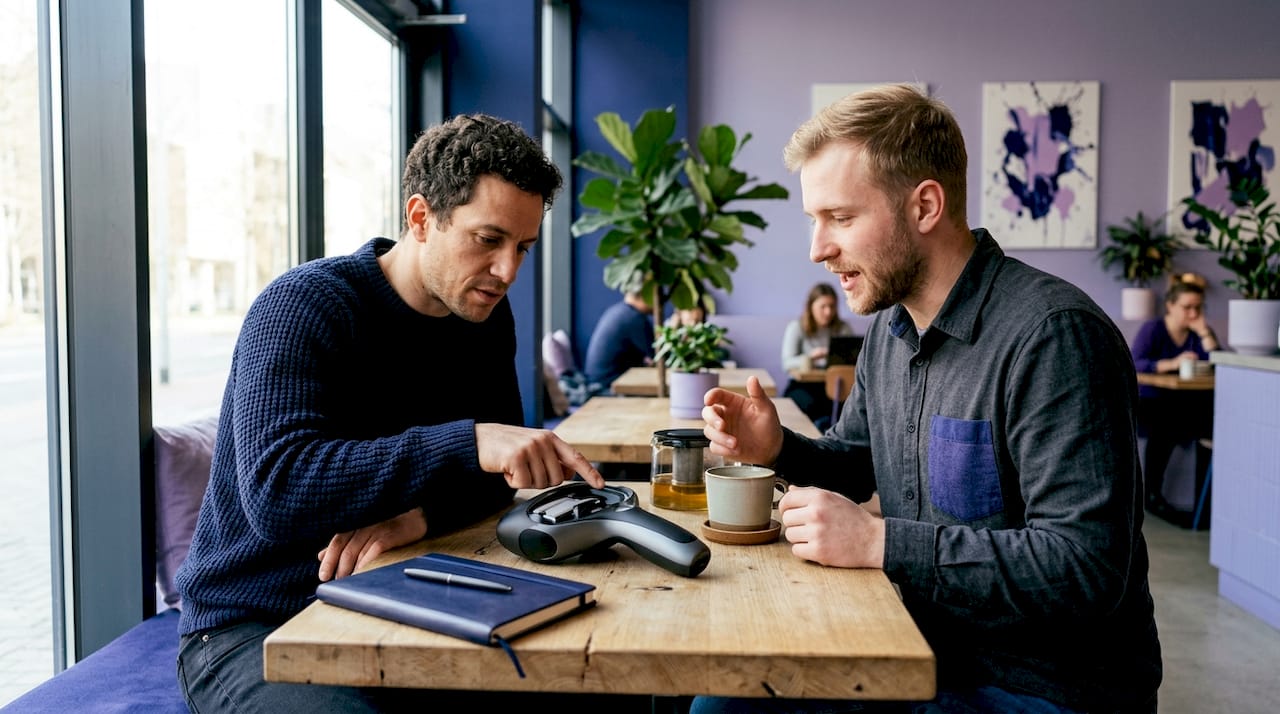 Industridesignern och konstruktören går igenom prototypen tillsammans för att utvärdera och diskutera förbättringar.