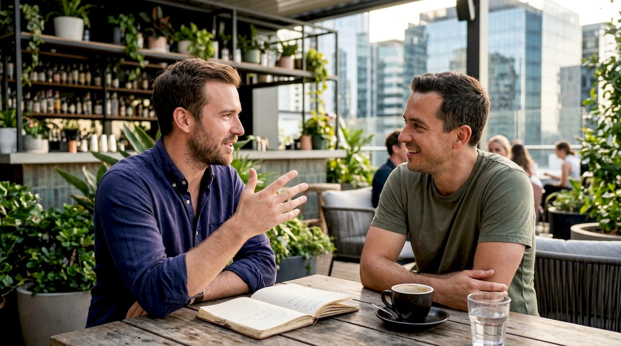Två killar sitter och pratar jobb i ett modernt coworkingkontor.