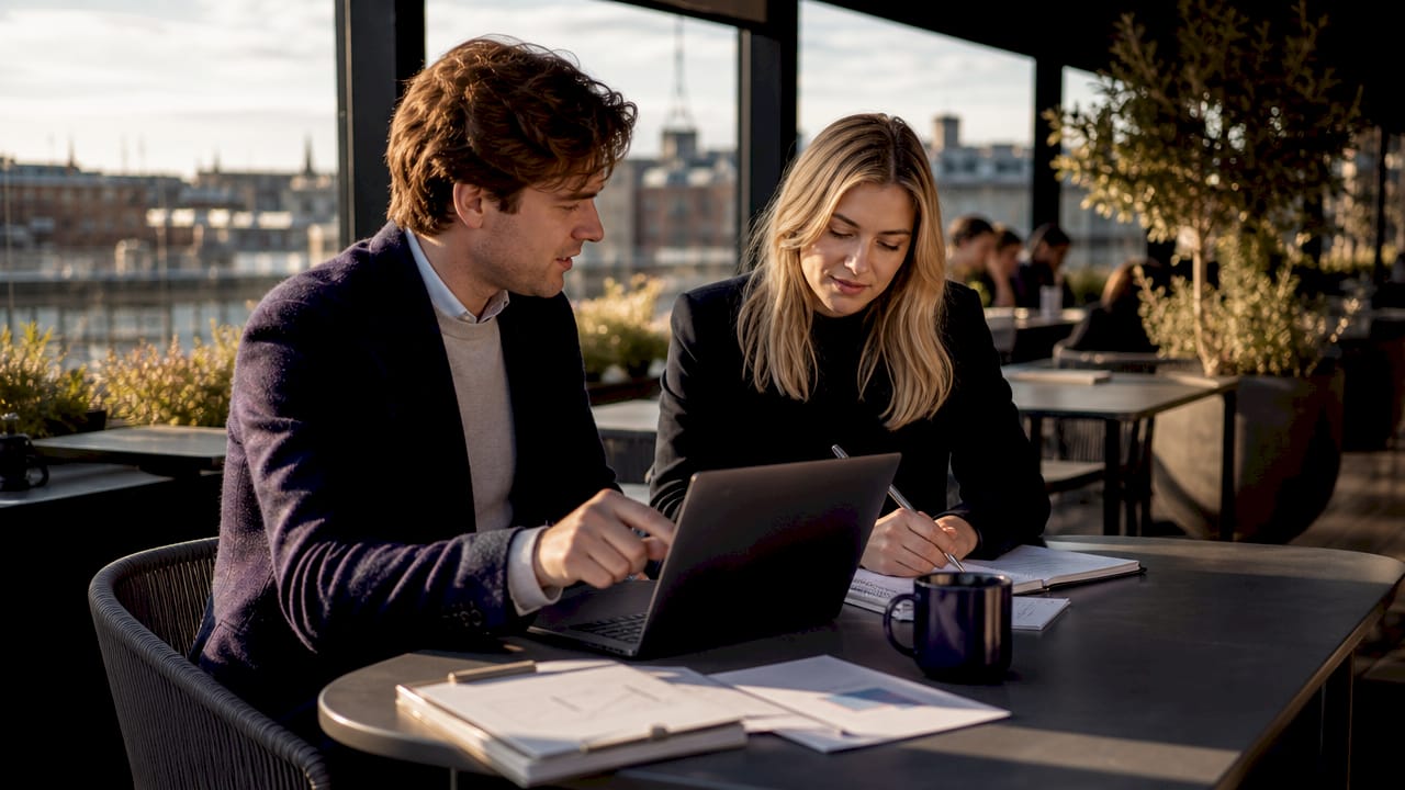 Entreprenörer bollar marknadsföringsidéer tillsammans i ett coworkingkontor.
