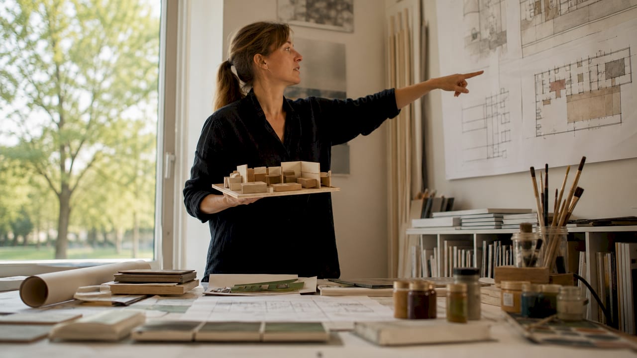 Arkitekten presenterar en ny möbeldesign i ett kontorsmiljö.