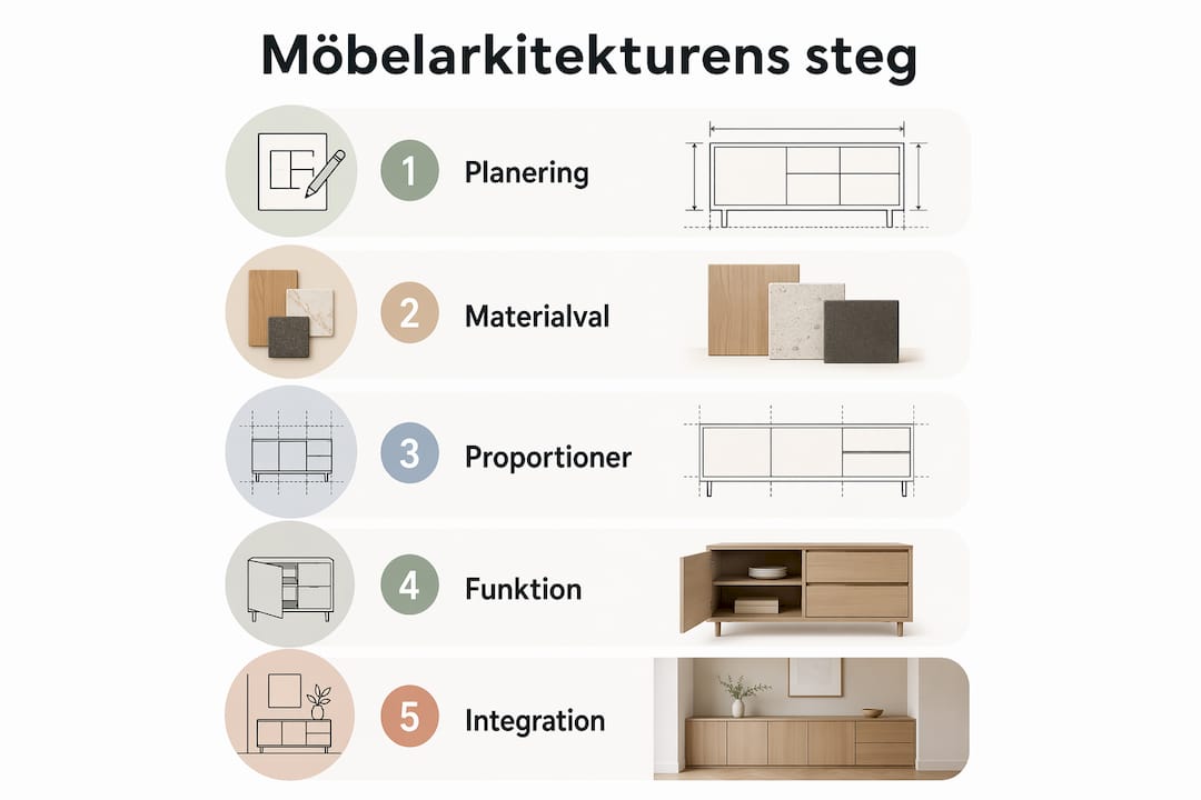 En infografik som belyser de viktigaste stegen när du inreder hemmet med möbler
