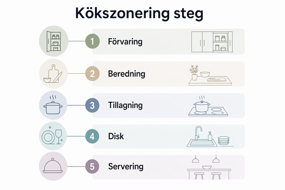 Grafik som tydligt visar hur du delar in köket i olika arbetszoner, steg för steg.