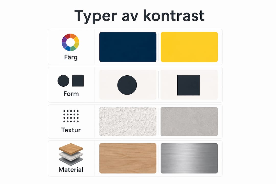 Grafik som visar de vanligaste sätten att skapa kontrast i inredning