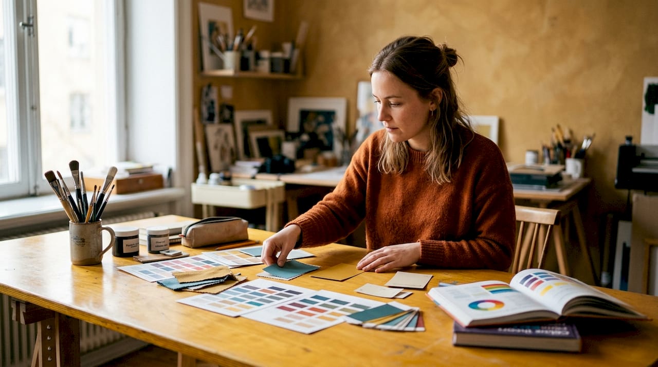 En designer som noggrant matchar och organiserar färgprover och paletter.