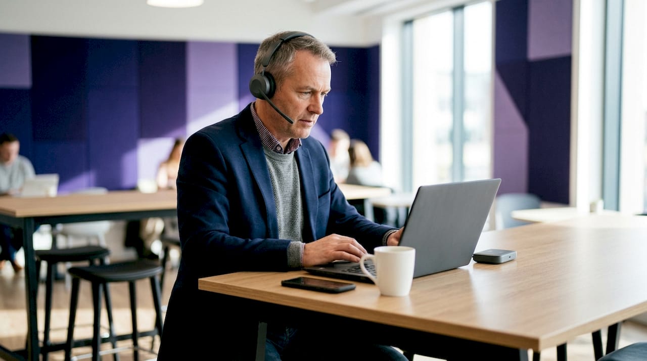 En frilansare sitter koncentrerat med sin laptop och headset i ett tyst arbetsbås.