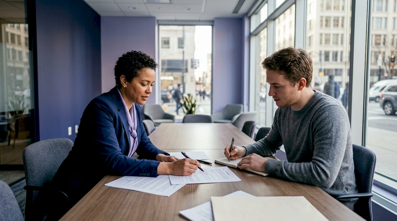 En jurist granskar avtalet tillsammans med entreprenören.