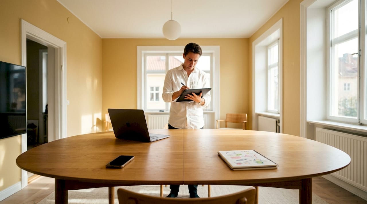 En person sitter vid sitt skrivbord och jobbar med sina digitala prylar.