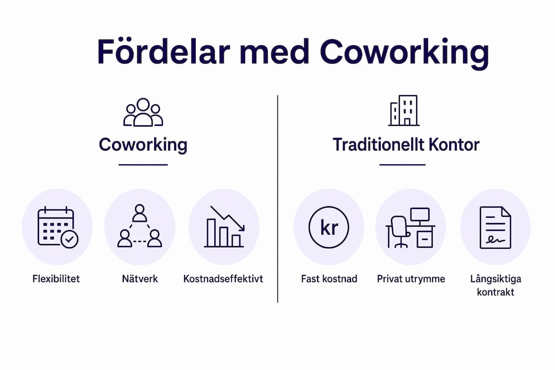 Grafik som visar skillnader och fördelar mellan coworking och traditionella kontor