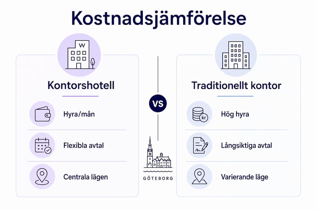 En överskådlig infografik som jämför kostnaderna för kontorshotell och traditionella kontor i Göteborg.