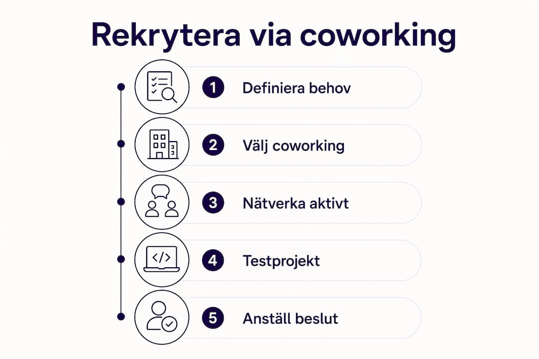 Grafisk översikt som guidar dig genom rekryteringsprocessen via coworking-miljöer