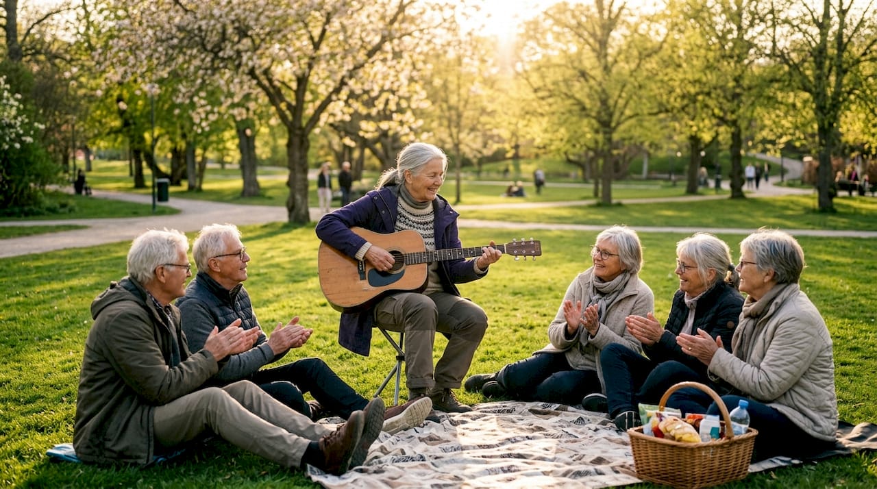En äldre kvinna spelar gitarr tillsammans med andra under en gemensam musikstund.