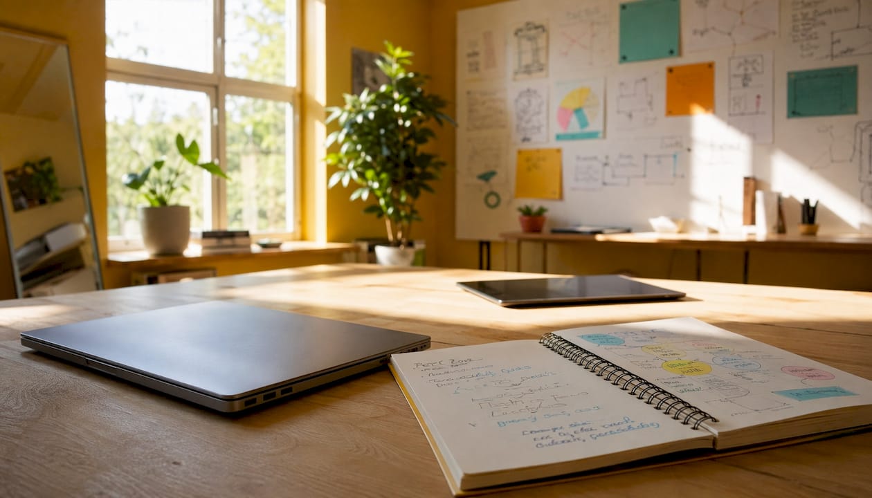 Arbetsyta för UX-design med suddig whiteboard i bakgrunden
