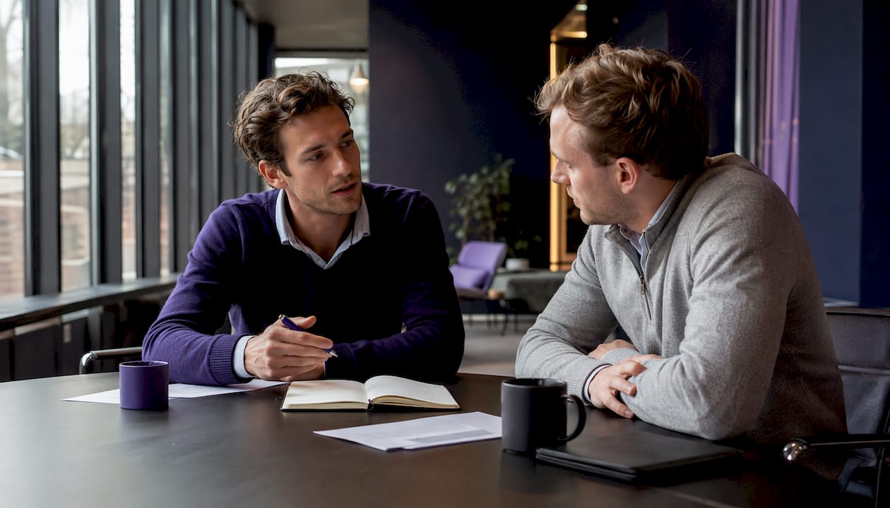 Två entreprenörer bollar affärsidéer tillsammans på ett coworkingkontor.