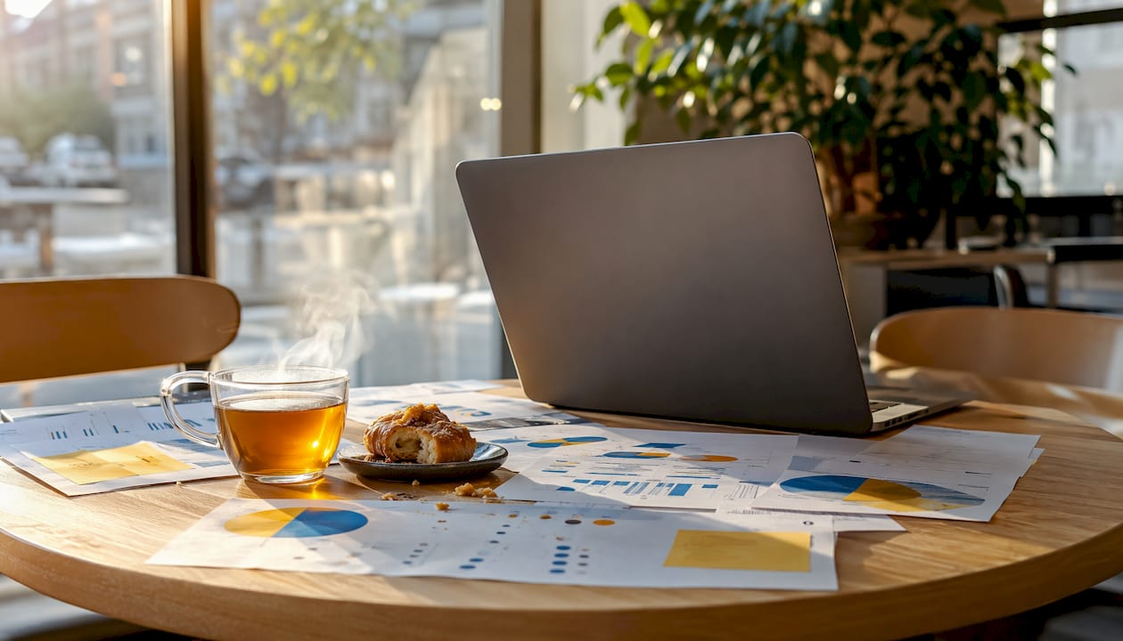 Ett lugnt cafébord där datorn är uppslagen med olika analysverktyg och diagram – perfekt plats för att fokusera på siffrorna i en avslappnad miljö.