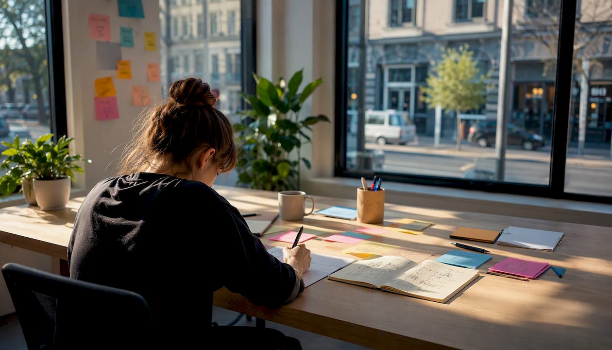 Arbetsyta med händer som jobbar vid en laptop