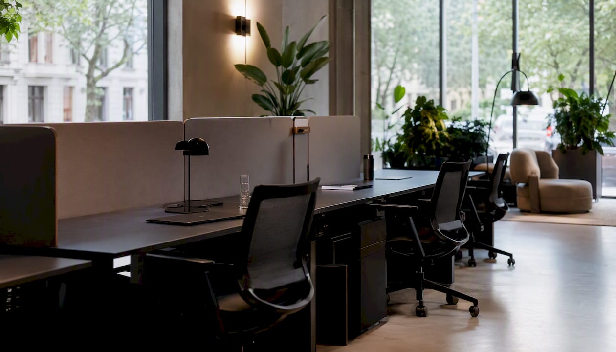 Lugn coworkingyta med skrivbord och gott om naturligt ljus
