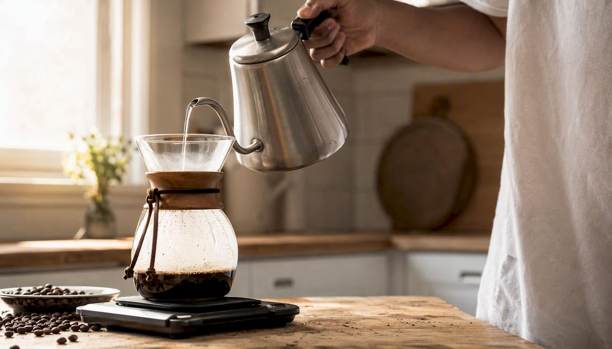 En hand häller försiktigt vatten över nymalda kaffebönor.