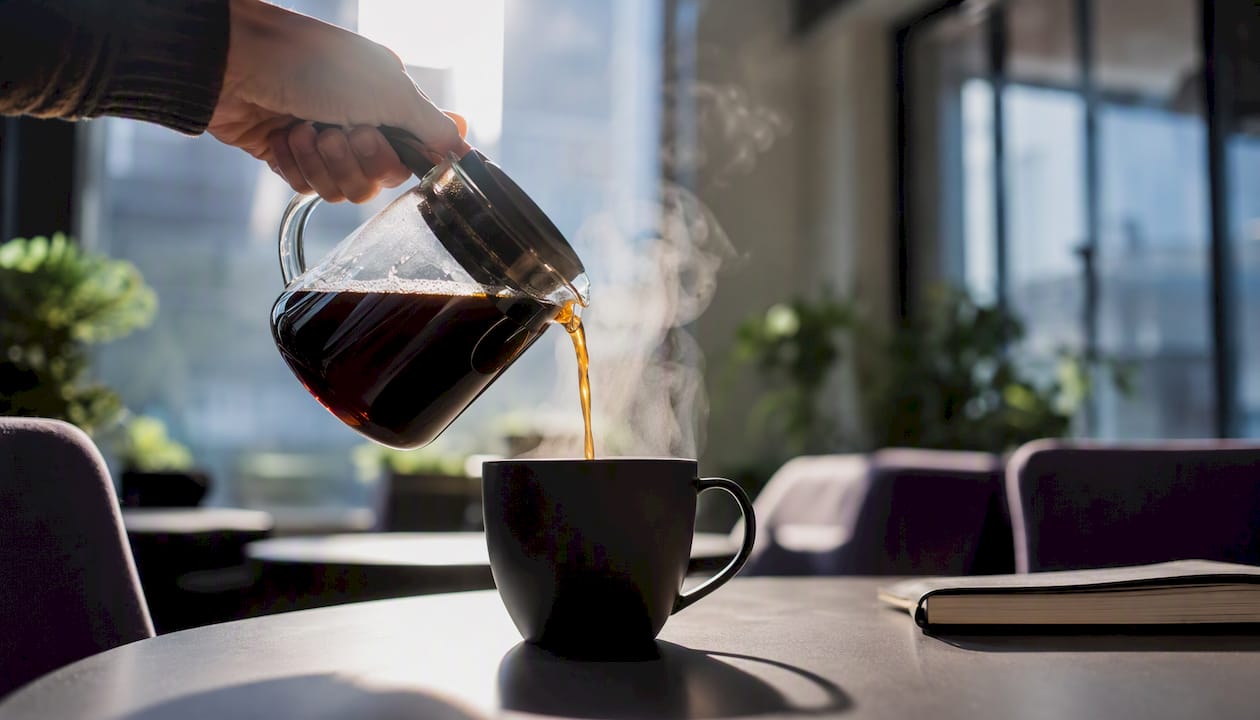 Häller upp en kopp kaffe i coworking-loungen