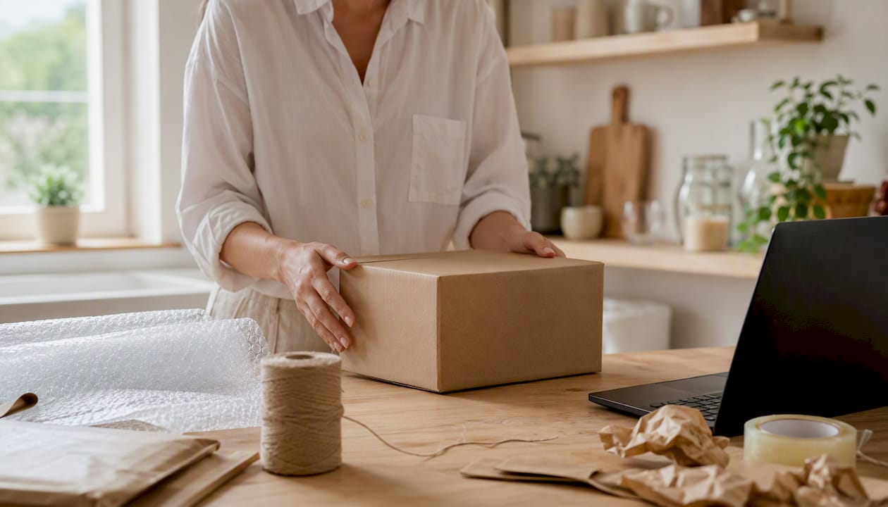 Någon packar en beställning för leverans i en e-handelslåda.